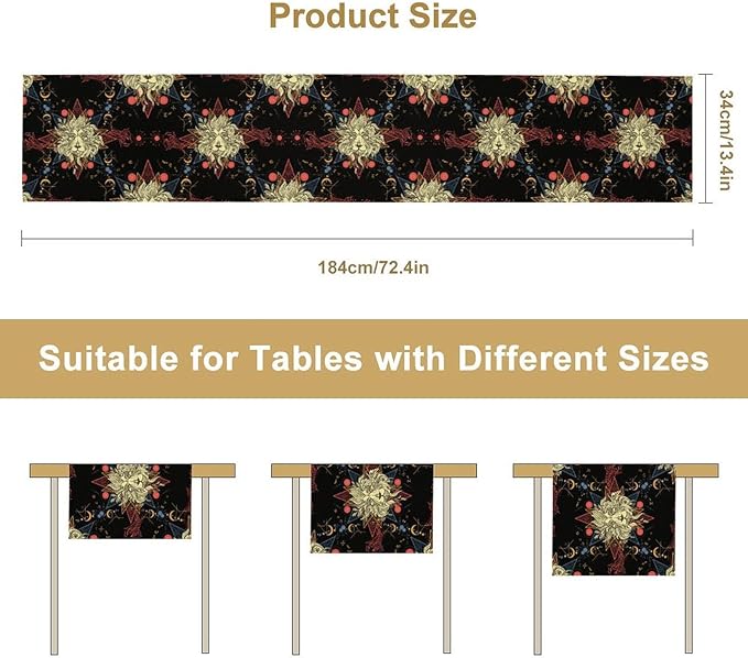 Boho Moon Lion Table Runner, Chinese Fish Phase of The Moon Sun Moon Table Runner for Kitchen Dining Table Home Party,13x120 Inch Black Red