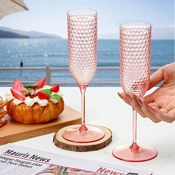 Champagne Glasses 48 Pack Pink Detachable Plastic Flutes 5.5 oz