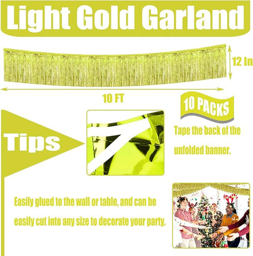 10 Pack 10 Feet Foil Fringe Garland Metallic Tinsel Streamers Banner Wall Hanging Curtain Backdrop for Parade Floats, Wedding, Disco, Birthday, Halloween, Christmas Party Decorations(Light Gold)