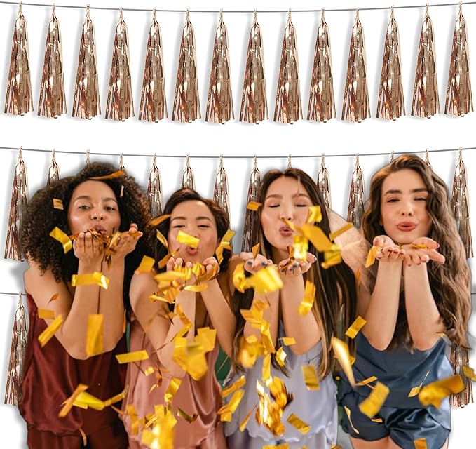 3P Metallic Fringe Tassel Banner Garland Foil Tinsel Streamer Wall Hanging Curtain Backdrop Banner for Parade Floats, Graduation Decorations, Wedding Party Decoration(Champagne Gold)