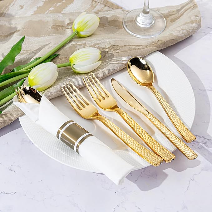 Disposable Spoons Set, 50 Count Gold Plastic with Pre-Rolled Napkins