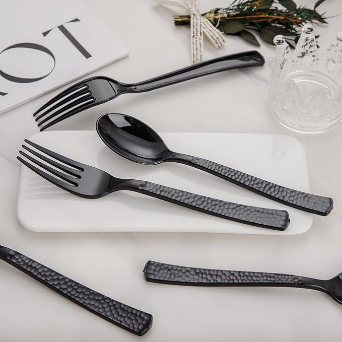 Spoons and Forks Set, Black Plastic Disposable, 400 Count, Hammered Finish