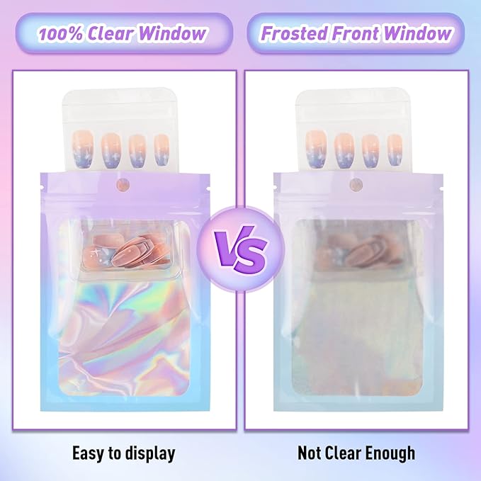 Funfery 100 Pack Holographic Mylar Bags,Clear Window Smell Proof Bag Foil Seal Pouch Resealable Bags with Zipper,Packaging Bag for Food Storage,Lash,Jewelry,Business Supplies(3×4.7in, Purple Blue)
