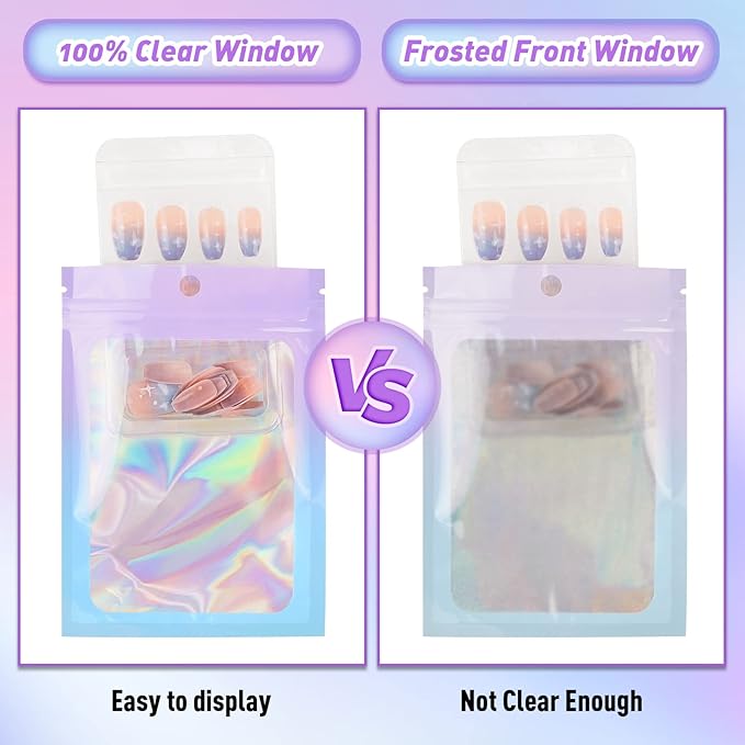 Funfery 100 Pack Mylar Holographic Bags,Clear Window Smell Proof Foil Bag Seal Pouch Resealable Bags with Zipper,Packaging Bag for Food Storage,Jewelry,Business Supplie(3.1×5.1in,Purple Blue)