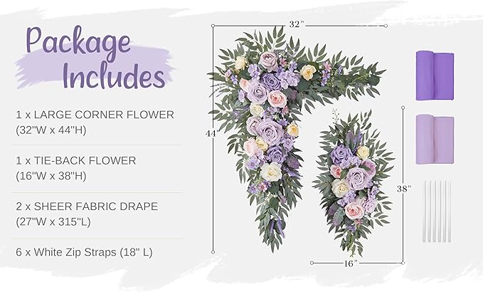 Artificial Flowers Kit for Wedding Arch, Lilac Silk Roses, 2 Pieces