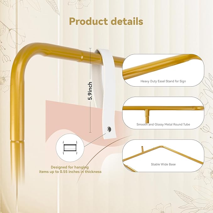Easel Sign Stand, Gold Metal Adjustable Welcome Sign Holder with Hanging Straps