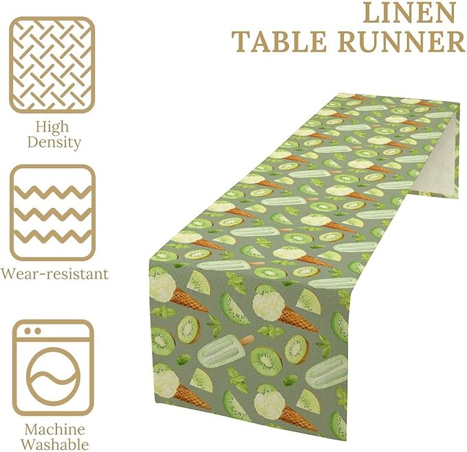 Summer Ice Cream Popsicles Table Runner, Watercolor Green Kiwi Seasonal Fruit Sweet Dessert Dinner Runner for Party Holiday Home Kitchen Dining Table Decor 13"x90"