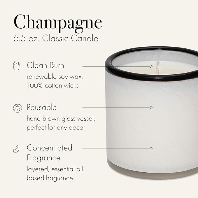 Jar Candle, Champagne Scent, 6.5 oz Hand Blown Glass, 50-Hour Burn