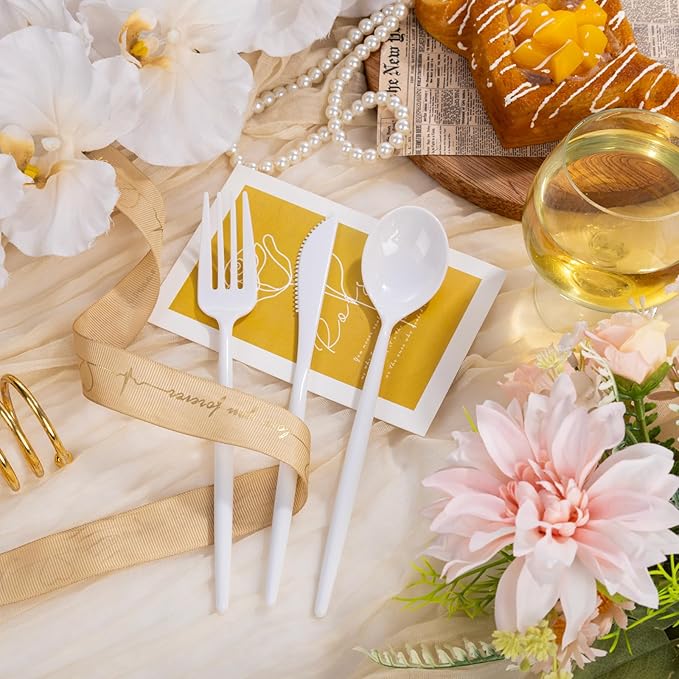 Disposable Plastic Cutlery Set, 360 Pieces, White, Heavy Duty