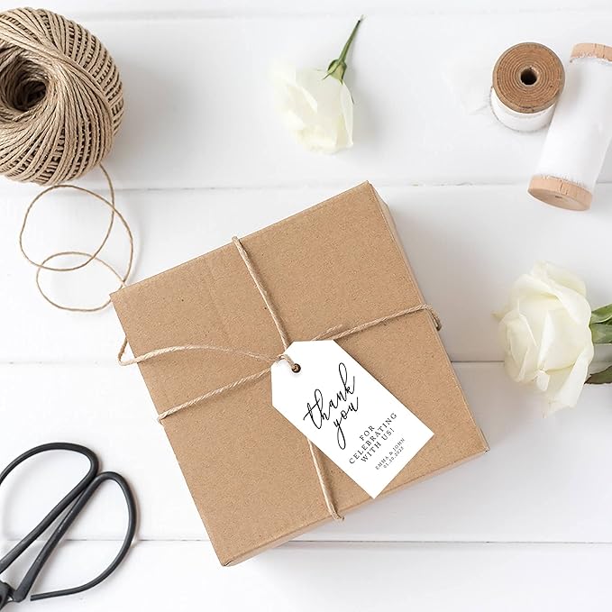 Andaz Press 100-Pack Personalized Thank You for Celebrating with Us Wedding Favor Tags with String, Minimal Modern Custom Tags for Wedding Favors 2” X 3.75” Thank You Tags with String Custom Favors