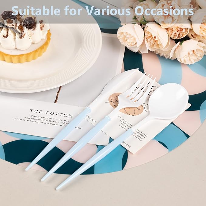 Disposable Spoons, Forks and Knives, 180 Piece White and Blue Set