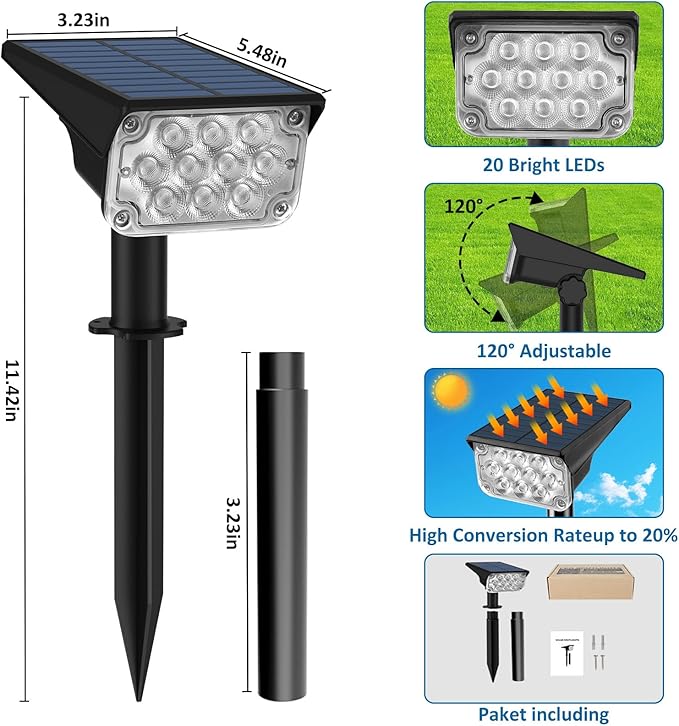 Solar Spotlight White 20-LED Outdoor Landscape Light IP65 Waterproof