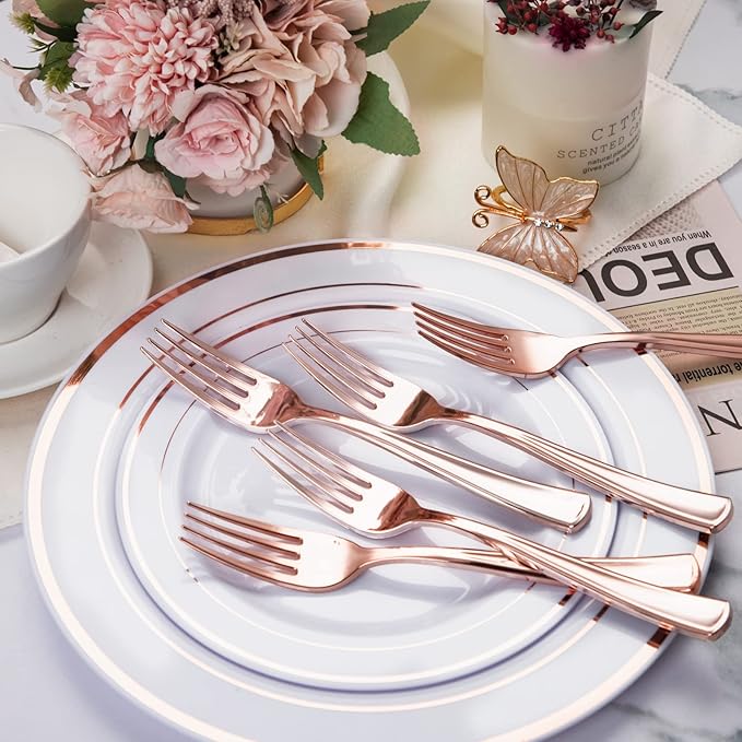 Forks, 200 Count Rose Gold Plastic Disposable, 7.4 Inch Length