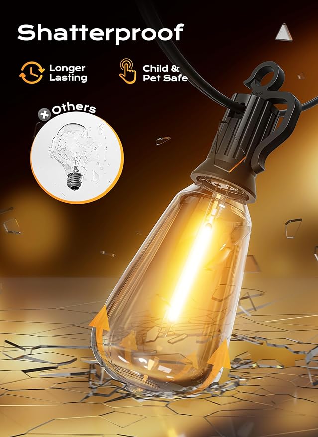 String Lights, 200 FT Black Shatterproof ST38 Edison Bulbs