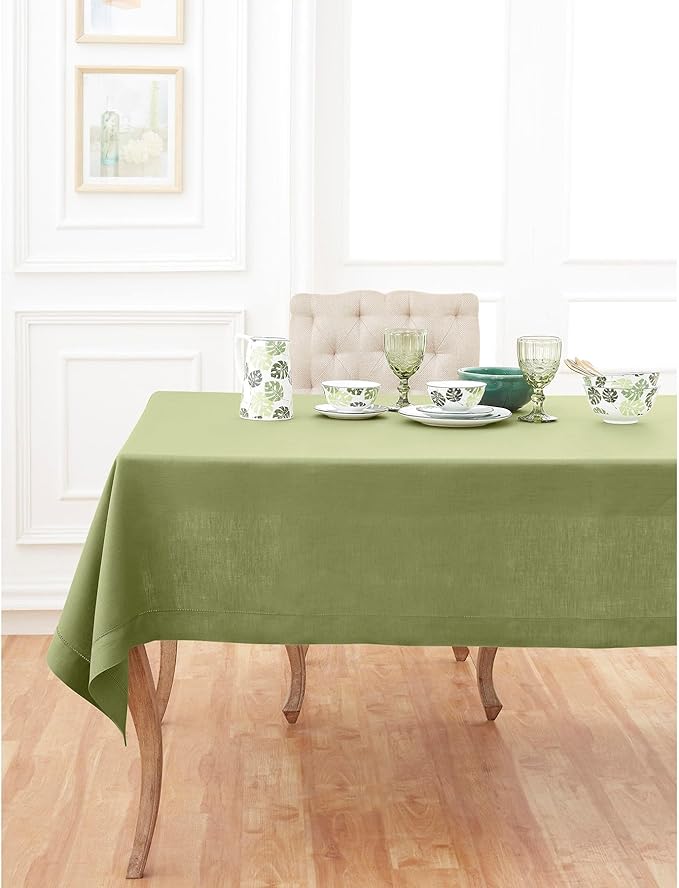Solino Home Linen Tablecloth 60 x 132 Inch - Classic Hemstitch 100% Pure Linen Moss Green Table Cloth for Rectangle Tables - Machine Washable Tablecloth for Fall, Autumn, Thanksgiving