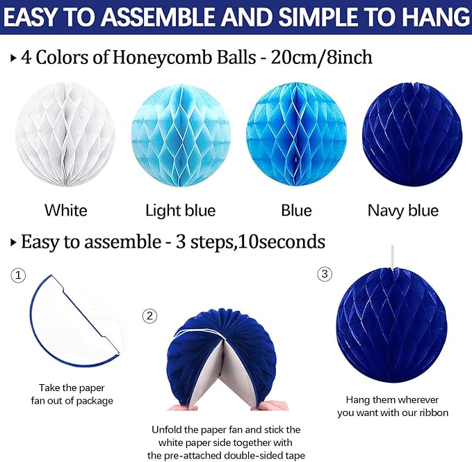 Navy-Light Blue Party Decorations, 23Pcs Hanging Paper Fans Party Decorations with Honeycomb Ball, Pom Poms Flowers for Boy Men Birthday Decoration, Bridal Shower,Baby Boy Showers,Wedding