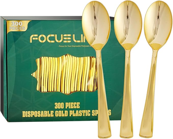 Gold Plastic Party Spoons, 300 Count, 6.8 Inch Disposable