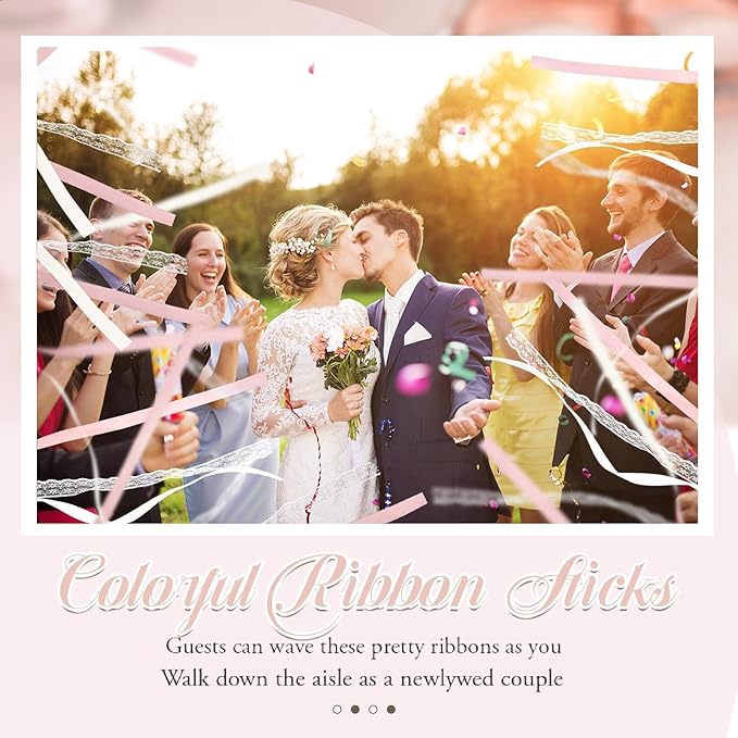 Taiyin 150 Pcs Lace Ribbon Stick Wands Wedding Wand Streamers with Bell Silk Ribbon Fairy Wand Wedding Send Off Streamer for Baby Shower Holiday Party Favors (Pink,Beige)
