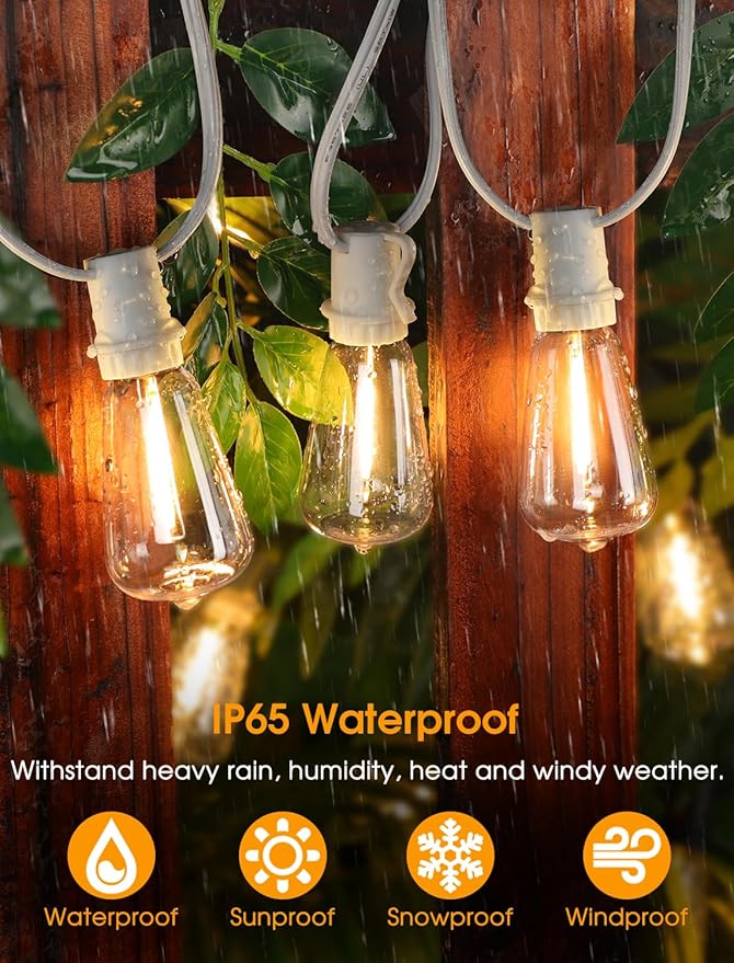 String Lights, 50 FT Outdoor Edison Bulbs, Warm White 2700K