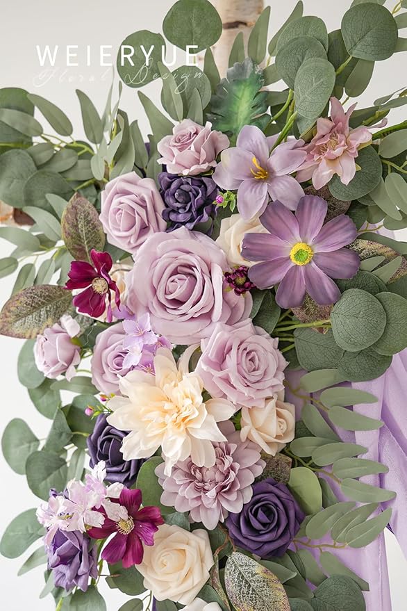 Deluxe Purple Artificial Wedding Arch Flowers with Drapes Kit-Pack of 5, 2pcs Flower Arrangements 3pcs Hanging Sheer Drapes Blue Ceremony Arbor Reception Backdrop Rose Floral Decorations.