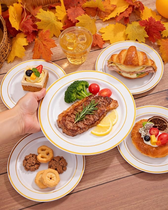 Round Gold Trim Plastic Plates Set, 150 Pieces for Parties
