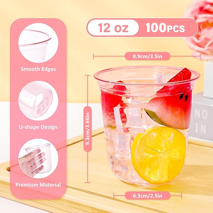 Cups 100 Count 12 oz Pink Disposable Plastic Wine Glasses