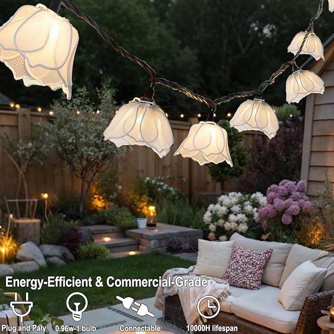 String Lights with Floral Garlands, Warm White Bulbs, Indoor and Outdoor