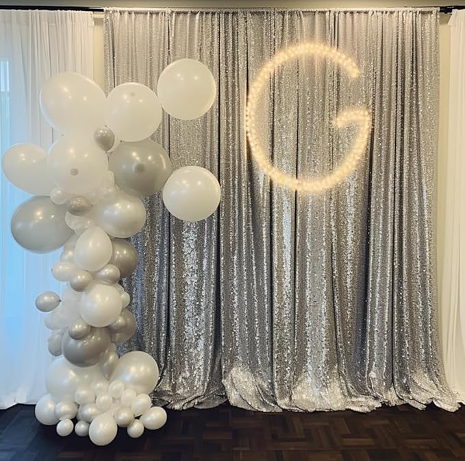 Sequin Backdrop Curtain, 10 x 10 Ft Silver Glitter Photo Backdrop