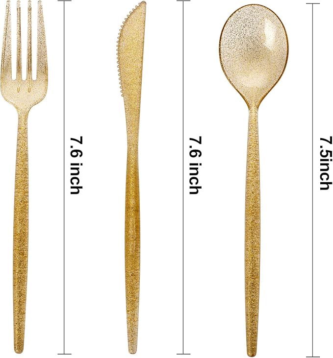 Plastic Spoons, 180 Count Gold Glitter Party Flatware Set
