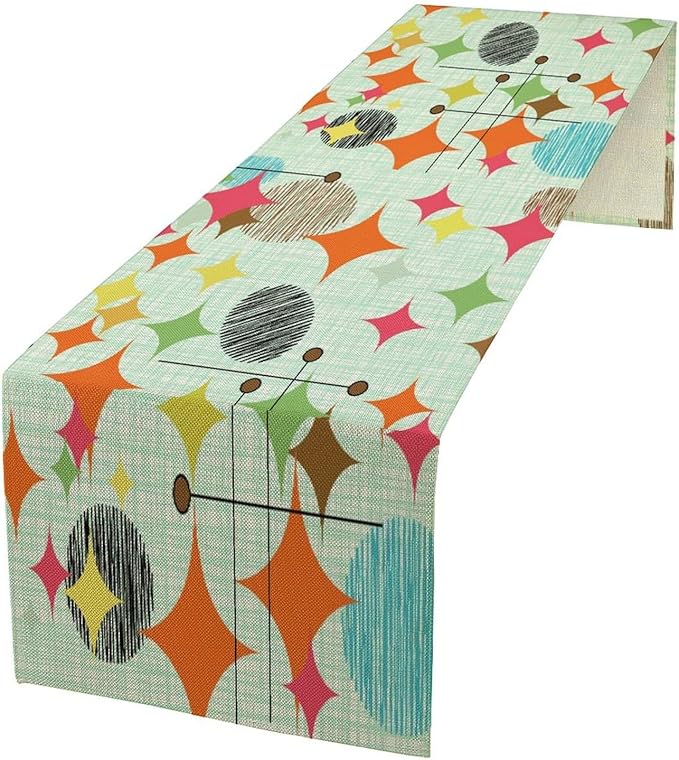 Mid Century Table Runner,Abstract Retro Modern Geometric Colorful Stripe Pattern Print Tablecloth Burlap for Hotel Indoors Outdoor Dining Room Kitchen Holiday Party, 13x36in