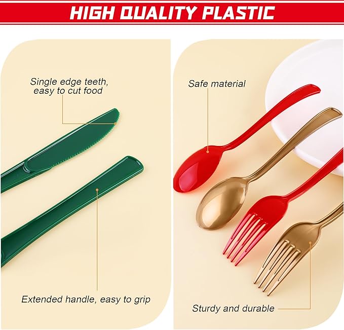 Christmas Plastic Silverware Set, 300 Pieces in Red, Green and Gold