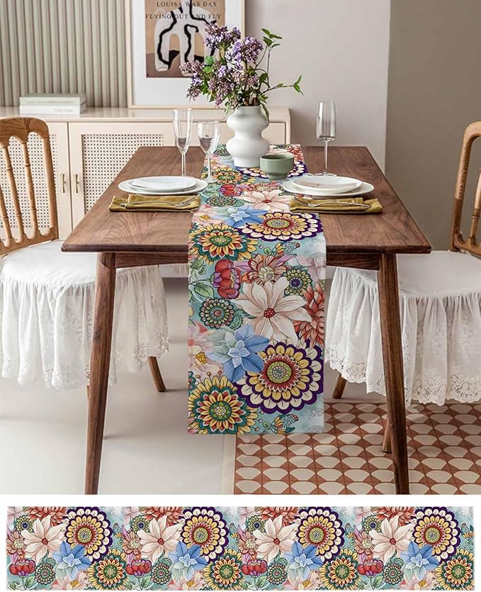 Boho Flowers Cotton Linen Table Runner for Dining Kitchen, Wedding Outdoor Party Tablerunners Decoration, Colorful Floral Farm Vintage Botanical Dresser Scarf Coffee Tablecloth Runners 13x60 Inches