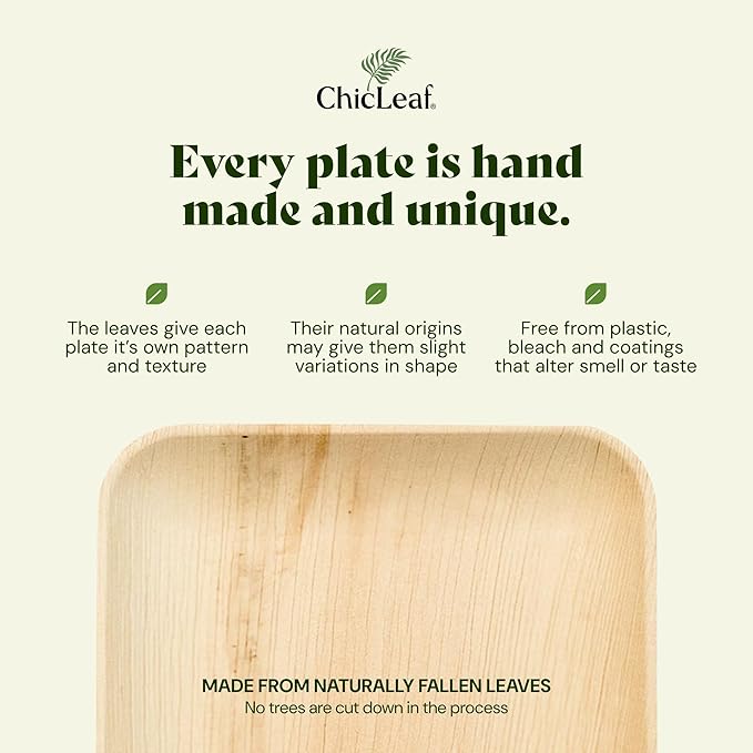 Chic Leaf Compostable & Biodegradable Palm Leaf Disposable Bamboo Plates - Disposable Party Plates for Appetizers - Camping Essentials - Reusable Party Supplies (10 & 7 Inch Square)