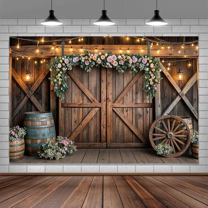 7x5ft Country Wedding Photography Backdrop Rustic Barn Door Photography Backdrop Farmhouse Pink Flower Cabin Wooden Birthday Baby Shower Wedding Bridal Party Banner Photo Booth Props Background