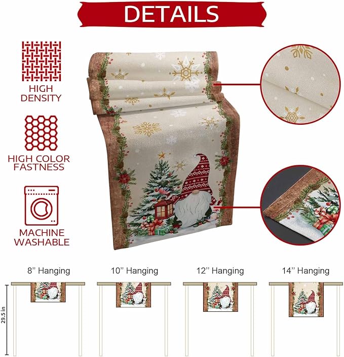 Christmas Gnomes Cotton Linen Table Runner for Dining Kitchen, Xmas Pine Tree Snowflake Rustic Wedding Outdoor Party Tablerunners Decoration, Retro Wood Dresser Scarf Tablecloth Runners 13x108 Inches