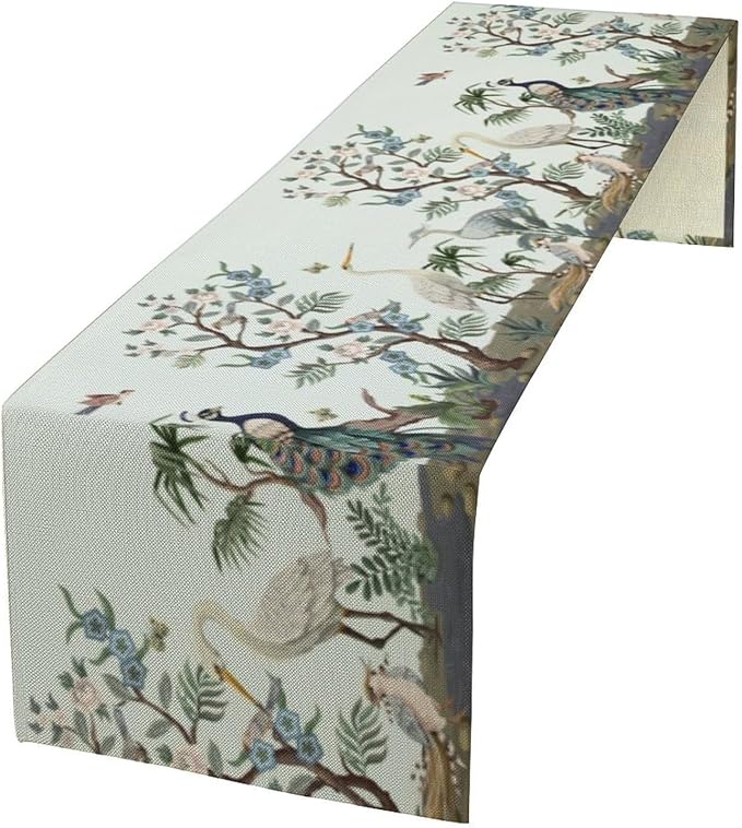 Peacock Table Runner,Retro Chinese Peonies Flowers Peacock Table Runner for Home Kitchen Dining Party Indoor Outdoor Decoration 13x60 Inch