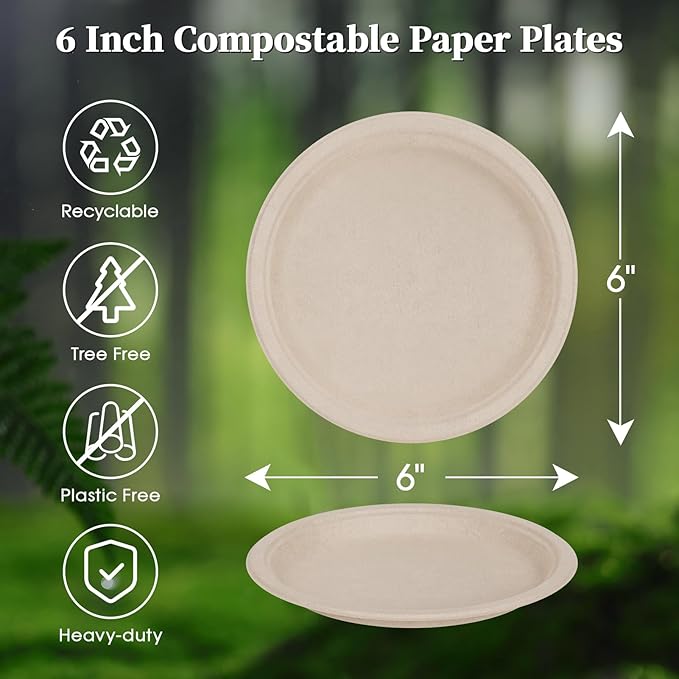 Disposable Paper Plates, 6 Inch Round Sugarcane, 500 Count