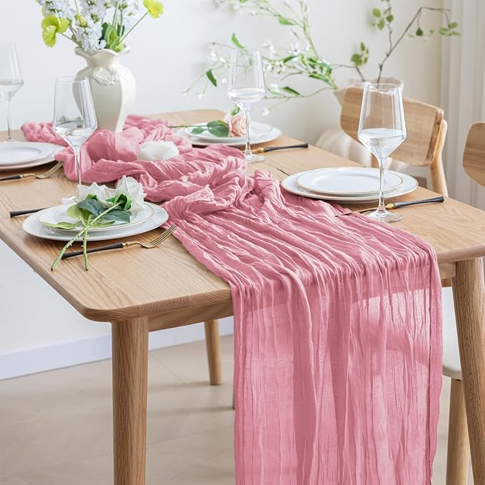 Asee'm Cheesecloth Table Runner 120 Inches Pink Boho Gauze Cheese Cloth Runner 10FT Rustic Sheer Dining Fall Table Runners for Thanksgiving Wedding Baby Shower Centerpiece Decoration