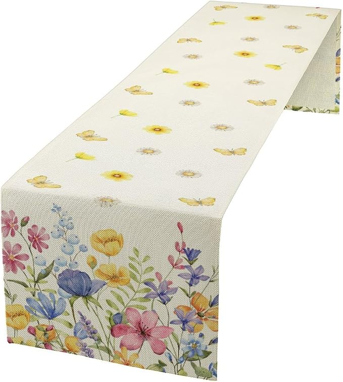 Flower Table Runner, Colorful Watercolor Pink Flower Plants Nature Butterfly Table Runner for Kitchen Dinner Living Room Home Party, 13x60 Inch