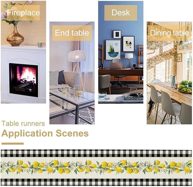 Lemon Table Runner,Black Buffalo Plaid Lemon Table Runner Farmhouse Style Spring Summer Home Kitchen Dinding Room Table Decoration 13x60 Inch