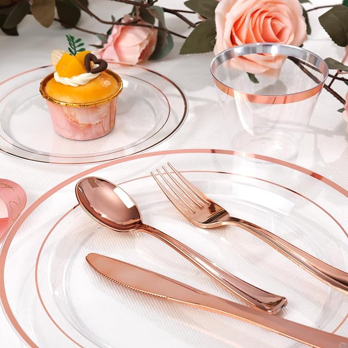 Plates Set, Clear Rose Gold Plastic, 600 Pieces for 100 Guests