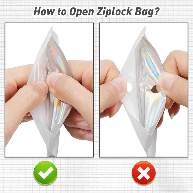Funfery 100 Pack Gradient Holographic Bags,Resealable Bags with Zipper,Clear Window Packaging Pouchs,Foil Bag for Food Storage,Small Business,Sample Jewelry Bag(3.5×4.7In,White Black)