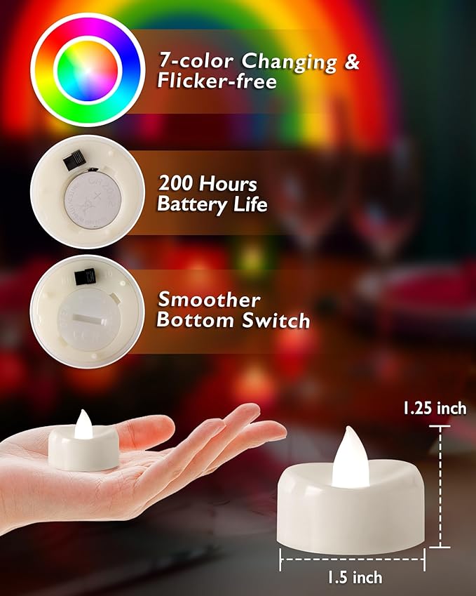 Raycare 7-Color Changing LED Tea Lights Battery Operated, 200+Hour Flickering Votive Candles, Realistic Fake Flameless TeaLights for Wedding Party Halloween Thanksgiving Christmas Decorations, 24 Pack