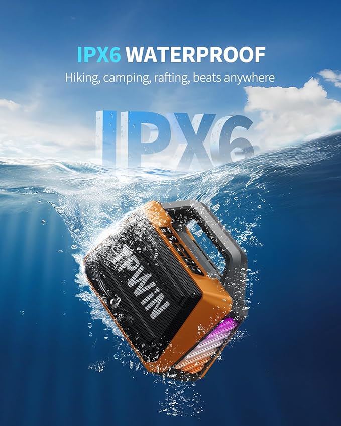 Bluetooth Speaker - 80W Loud, Rugged Outdoor Speakers, IPX6 Waterproof, 20H Playtime, Deep Bass, Lightshow, TWS, BT 5.3 Wireless, Portable for Travel Hiking Camping Beach Pool - Orange