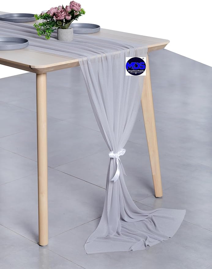 MDS Halloween Chiffon Table Runner - 1 Pack, 29 x 170 Inches, 14ft Each - Sheer Spooky Table Runners for Haunted House Parties, Trick-or-Treat Tables, Witchy Décor, Wedding & Events - Cool Gray
