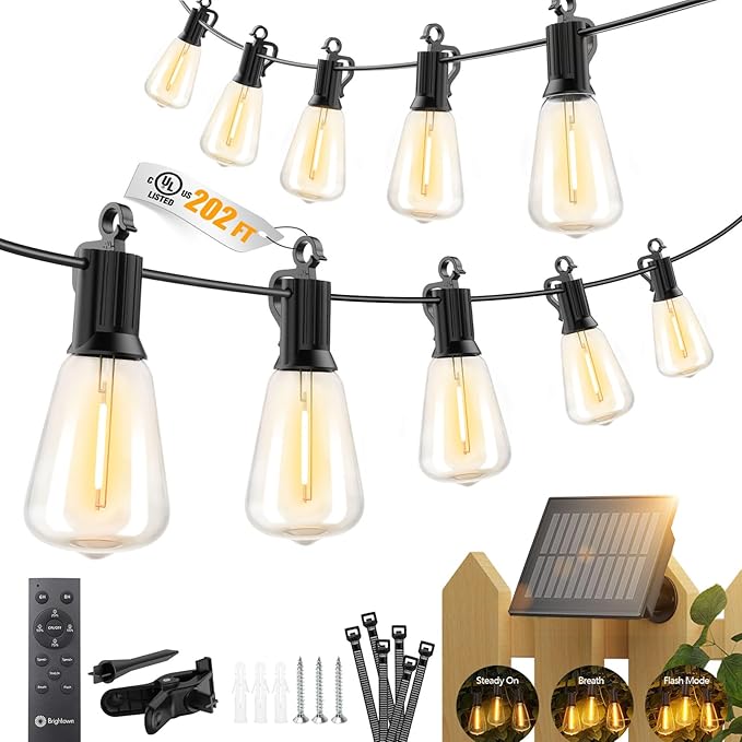 String Lights, 202 Ft Solar Strand with 65 Shatterproof LED Bulbs