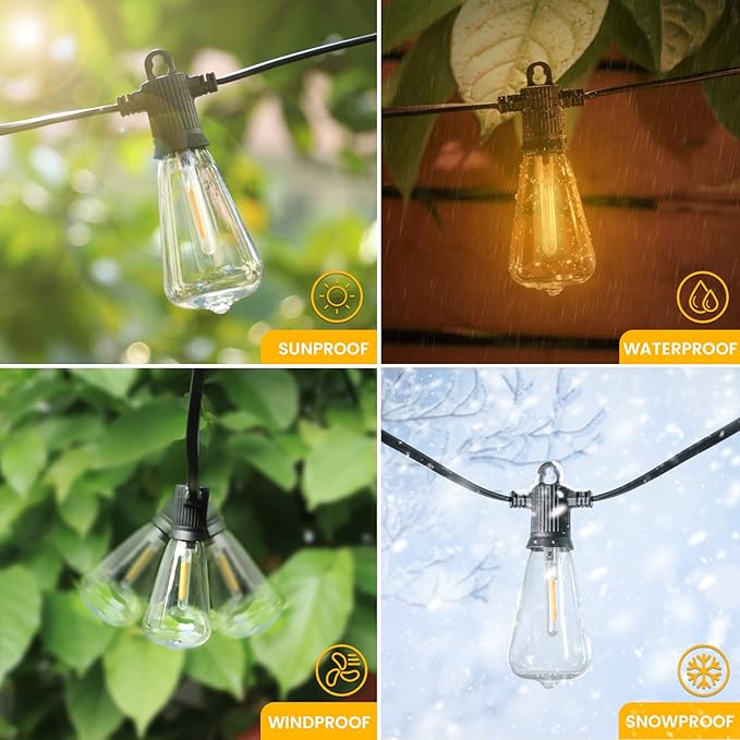 String Lights, 25 ft Outdoor Vintage Edison Style with 12 Warm White Bulbs