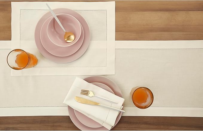 Solino Home Ivory Table Runner 120 Inches Long - Cotton Linen Hemstitch 14 x 120 Inch Table Runner for Dining, Fall, Autumn, Thanksgiving, Holiday