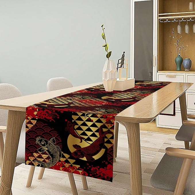 Japanese Table Runner Oriental Tradition Kio Fish Red Art Printed Burlap Runner Home Kitchen Dining Table Living Room Decor Fabric 1 Panel W13xL90in