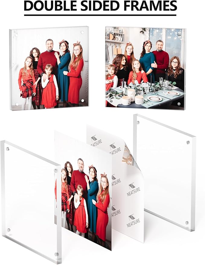 5x5 Acrylic Picture Frame 3 Pack, Clear Freestanding Double Sided Frameless Magnetic Photo Frames, Desktop Display Decor Gift
